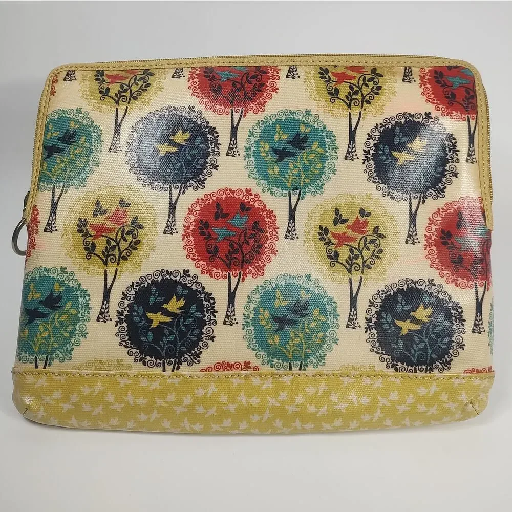 Fossil Tablet Case Bag Trees Birds Pattern PVC Coated Zippered Brass Accents